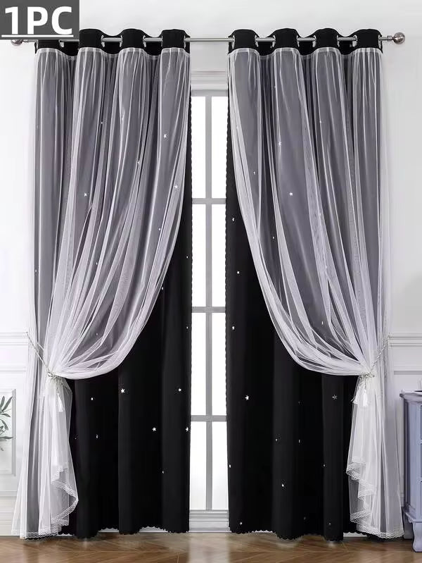 1pc Black Curtain With Starry Pattern, Suitable For Living Room And Bedroom, Made Of Thick Fabric And Sheer Fabric, Light Blocking And Darkening, Perfect For Festival Decoration And Lovely Princess Style