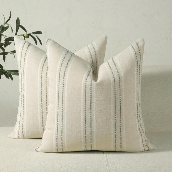 1PC Linen Throw Pillow Covers, Boho Textured Pillow Case, ,Beige With White & Navy Blue Stitch Yarn Dyed Stripe Cushion Cover For Sofa Couch Living Room(Cover ONLY)
