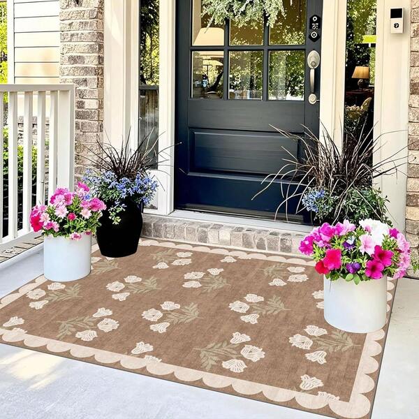 3x5 Floral Entrance Mat - Small Washable Indoor Outdoor Rug, Non-Slip Doormat For Front Door Porch, Boho Farmhouse Neutral Brown Carpet For Living Room Bedroom Entryway Kitchen Laundry Office Foyer Decor