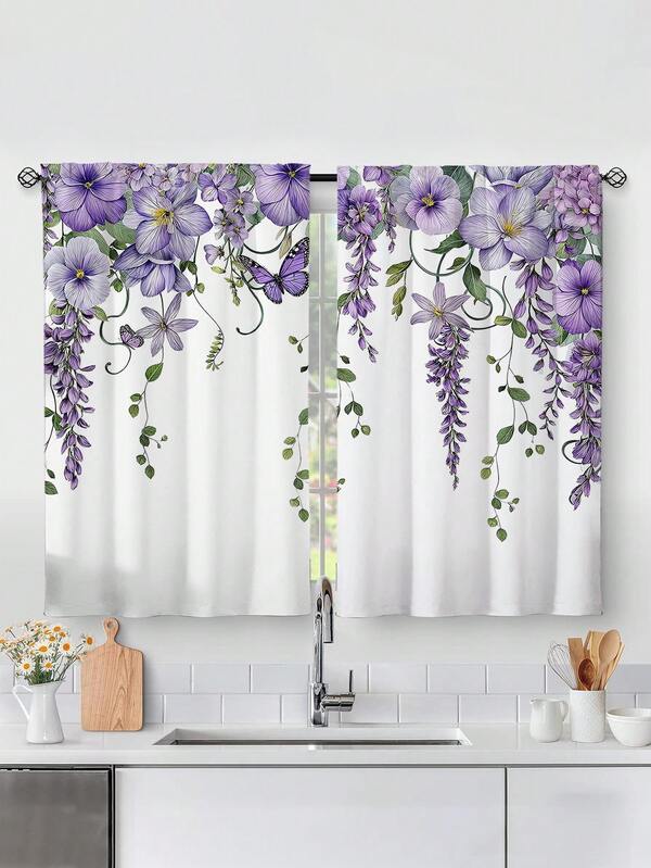 2pcs Purple Floral Butterfly Lavender Print Kitchen Window Curtain,Without Holes Curtain,Refer To Bedroom Office Kitchen Living Room Study Home Decor
