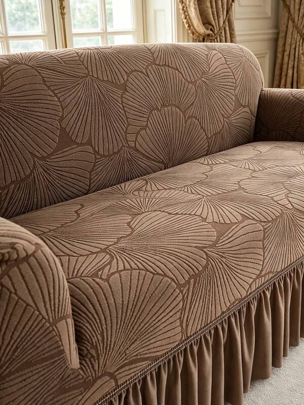 1pc Coffee Color Jacquard Sofa Cover, Romantic French Style Stretch Thick Sofa Slipcover, Suitable For 1/2/3/4 Seater L-Shaped Sofa, Decor For Living Room, Bedroom, Hotel